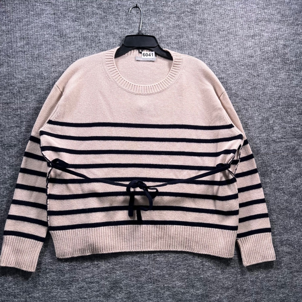 Vince Striped Side Tie Knit Sweater Beige Navy Blue Small